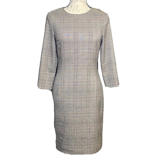 H&M 3/4 Sleeve Sheath Plaid Dress with Gold Buttons Size 4 - Picture 3 of 6
